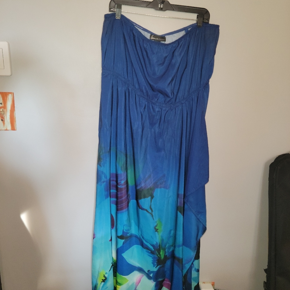 Strapless Dress blue with detail at the bottom.